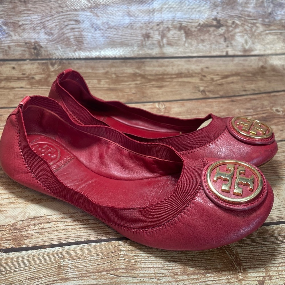Tory Burch Caroline 2 Cabernet Leather Ballet Flats Gold Logo Women's Size 5 m